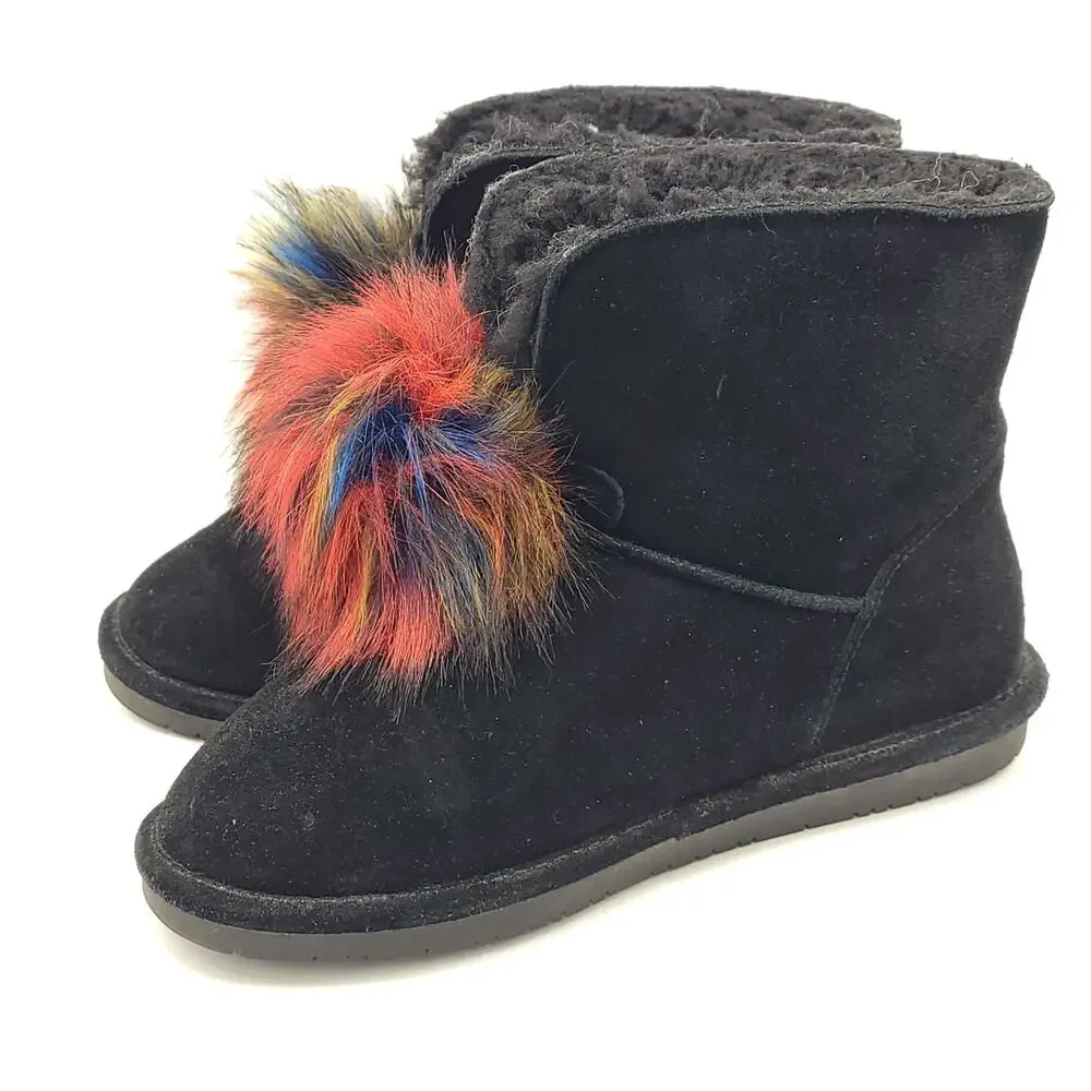 BEARPAW boots Libby Suede Sheepskin wool Black Multicolor Pom Size 9